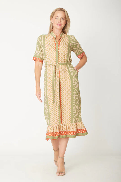 Border Print Midi Dress Sage