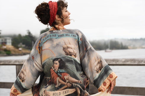 Cropped Bamboo Kimono Cardigan Short Hold Fast with Sun, Moon & Rainbow