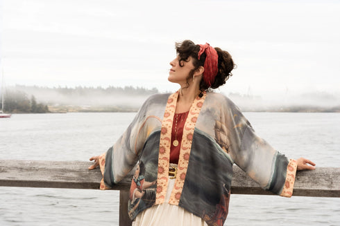 Cropped Bamboo Kimono Cardigan Short Hold Fast with Sun, Moon & Rainbow