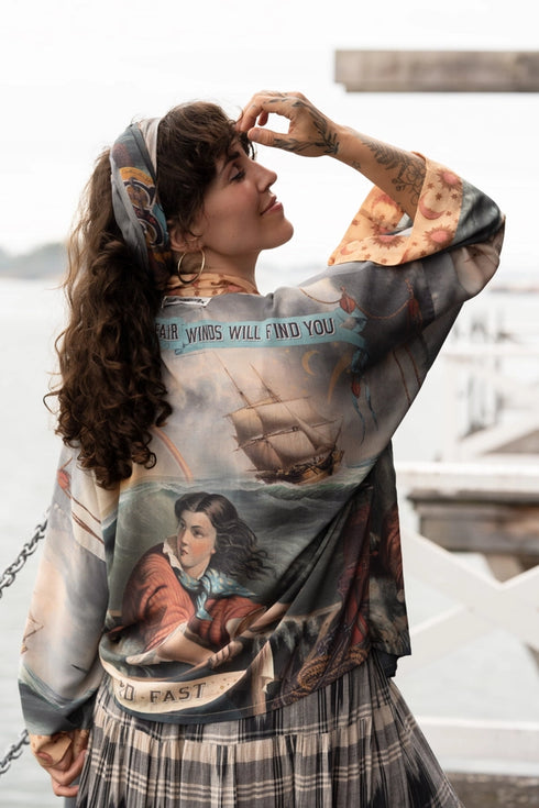 Cropped Bamboo Kimono Cardigan Short Hold Fast with Sun, Moon & Rainbow