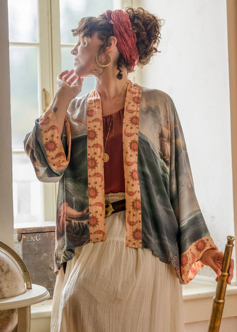 Cropped Bamboo Kimono Cardigan Short Hold Fast with Sun, Moon & Rainbow