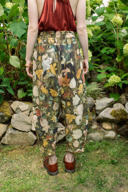 Boho Linen Cropped Artist Pants Ankle Length I Dream in Flowers with Bees