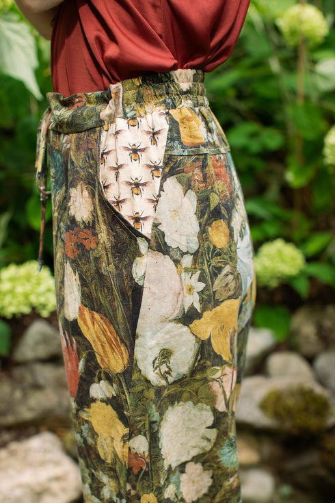 Boho Linen Cropped Artist Pants Ankle Length I Dream in Flowers with Bees