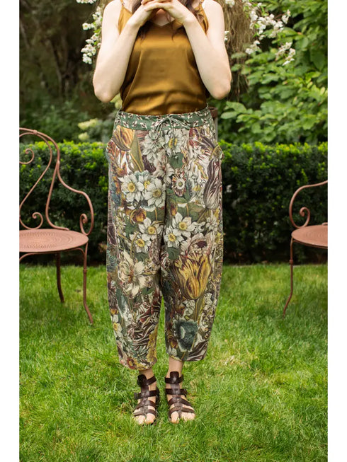 Boho Linen Cropped Artist Pants Ankle Length Love Grows Wild Bee Print
