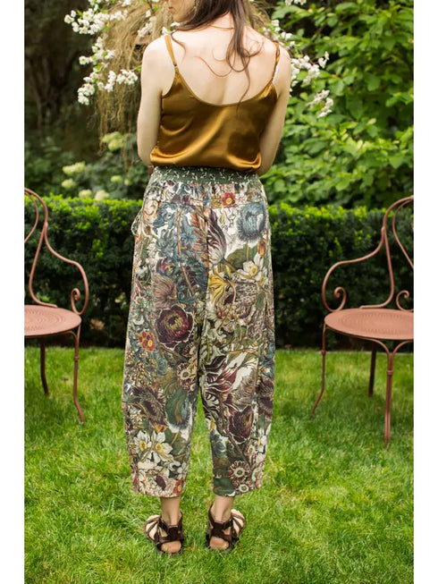 Boho Linen Cropped Artist Pants Ankle Length Love Grows Wild Bee Print