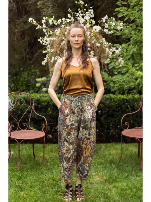 Boho Linen Cropped Artist Pants Ankle Length Love Grows Wild Bee Print