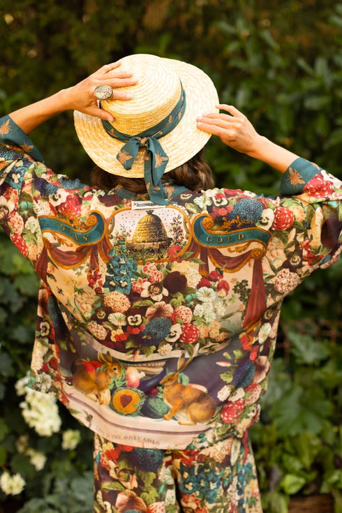 Cropped Bamboo Kimono Cardigan Stay Gold Floral with Rabbit & Bees