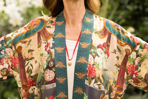 Cropped Bamboo Kimono Cardigan Stay Gold Floral with Rabbit & Bees