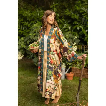 Duster Kimono Robe Long Stay Gold Floral with Rabbit and Bees
