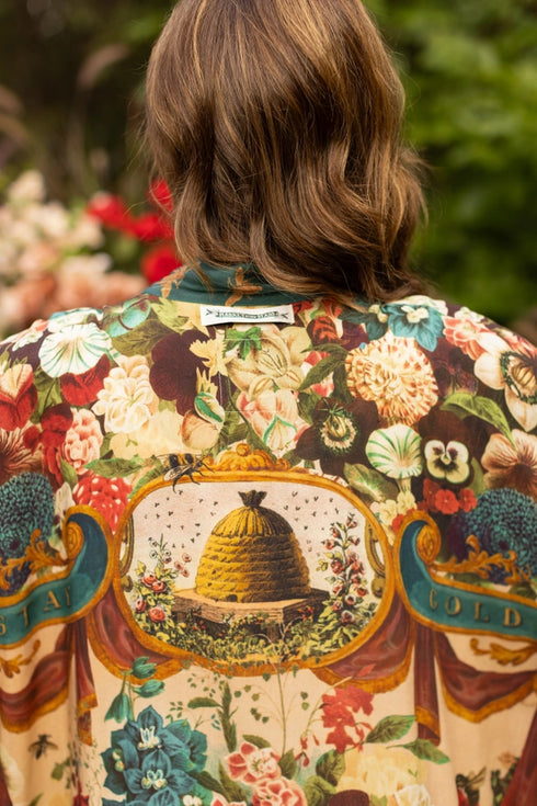 Duster Kimono Robe Long Stay Gold Floral with Rabbit and Bees